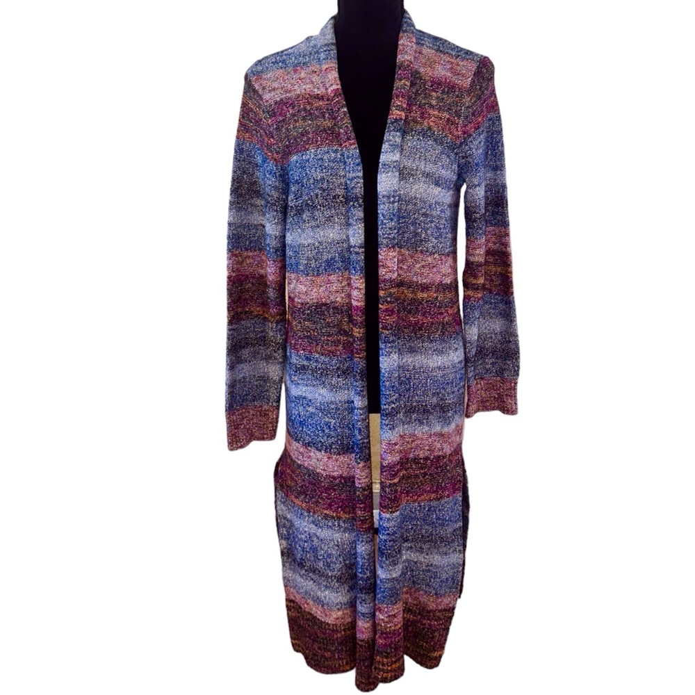 J Jill Cardigan Sweater Long Line Open Front Size MP Colorful Muted Stripes